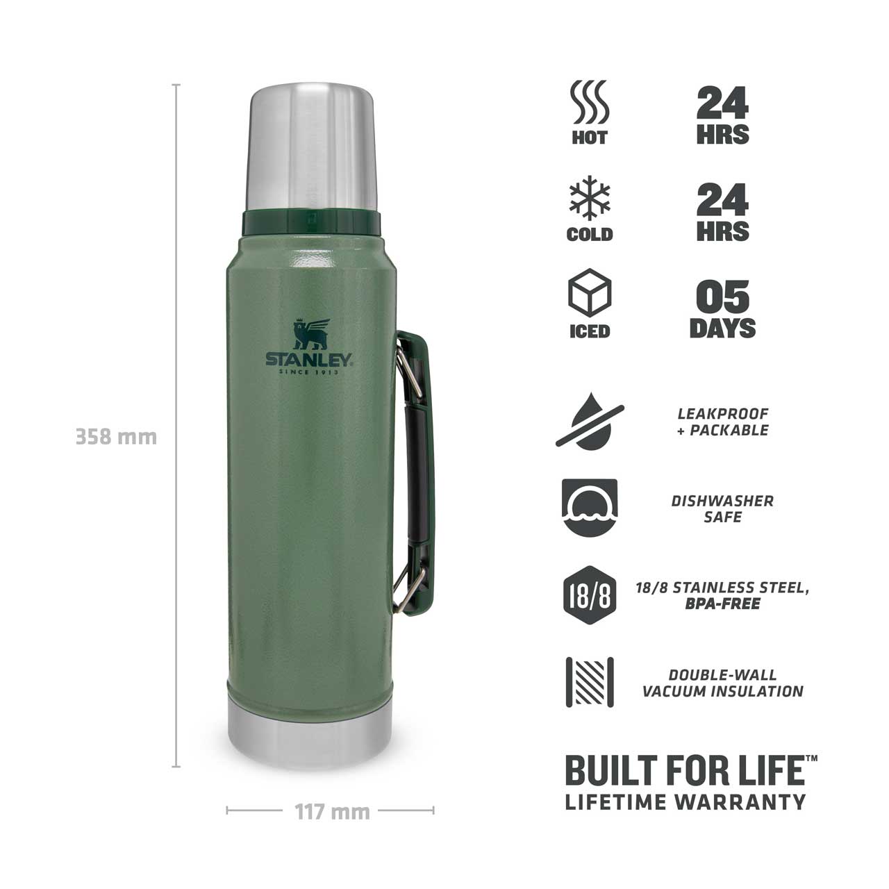 Stanley CLASSIC VAKUUM-FLASCHE 1,0 l Edelstahl Hammer Green