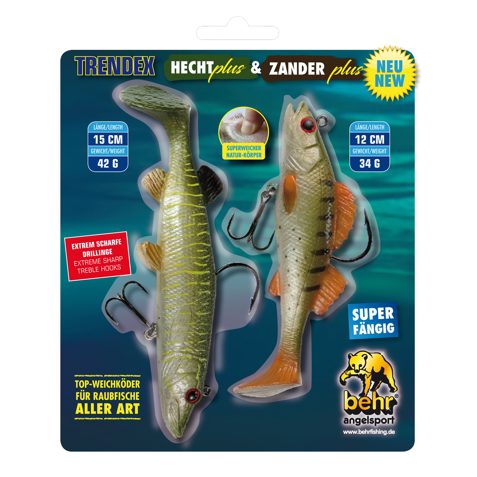 Trendex Hecht + Zander 3D Softbait Natur Köder 2er Set 15cm 12cm